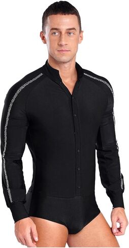Mens Latin Ballet Dance Leotard Competition Costume Raglan Sleeve Stand Collar Button Sparkly Rhinestones Leotard(Black,XXL) in Kuwait