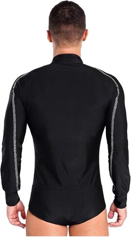 Mens Latin Ballet Dance Leotard Competition Costume Raglan Sleeve Stand Collar Button Sparkly Rhinestones Leotard(Black,XXL) in Kuwait