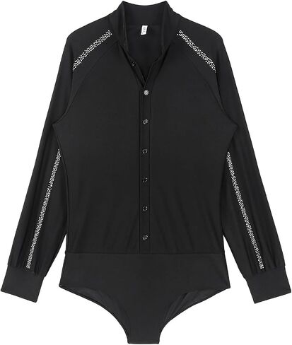 Mens Latin Ballet Dance Leotard Competition Costume Raglan Sleeve Stand Collar Button Sparkly Rhinestones Leotard(Black,XXL) in Kuwait