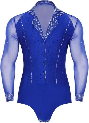 Mens Latin Tango Dance Performance Leotard Costume Lapel Collar Sheer Mesh Ballroom Dancewear Sparkly Rhinestone Bodysuit(Blue A,3XL) in Saudi Arabia