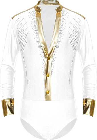 Mens Metallic Shiny Rhinestones Latin Tuxedo Leotard Bodysuit Gymnastics Figure Skating Samba Ballroom Jazz Dance Body Tops(White,M) in Saudi Arabia