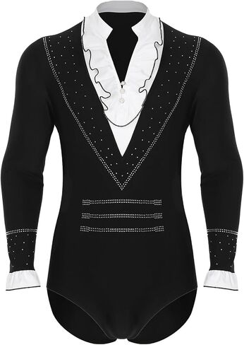 Mens Sparkly Rhinestone Gymnastics Skating Leotard Jumpsuit Long Sleeve Bodysuit Ballet Latin Dance Performance Costume(S) in Saudi Arabia