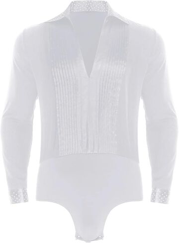 Men Shiny Rhinestones Jazz Leotard Ballroom Latin Dance Competition Costume Long Sleeve Pleated Bodysuit Shirts Dancewear(White,XXL) in Saudi Arabia