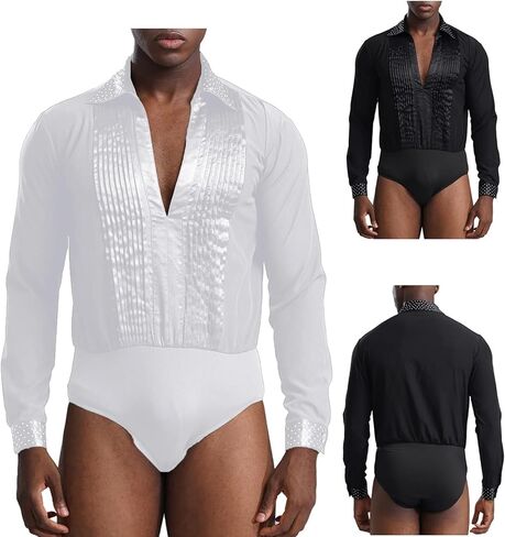 Men Shiny Rhinestones Jazz Leotard Ballroom Latin Dance Competition Costume Long Sleeve Pleated Bodysuit Shirts Dancewear(White,XXL) in Saudi Arabia