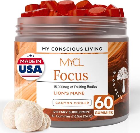 Lions Mane Mushroom Gummies for Focus and Memory - 500mg Fruiting Body Extract - Cognitive Support and Brain Health Supplements for Adults and Kids - Vegan, Gluten-Free - Canyon Cooler - 30 Servings in Saudi Arabia