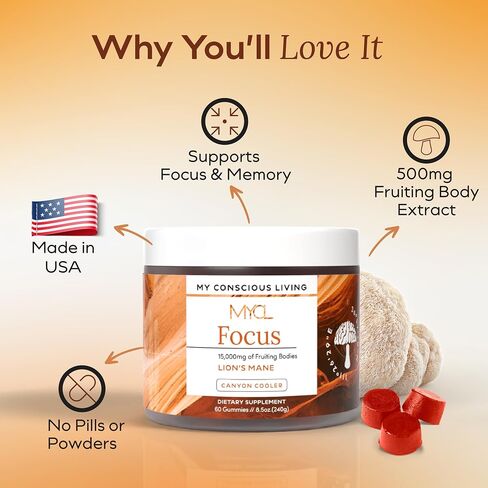 Lions Mane Mushroom Gummies for Focus and Memory - 500mg Fruiting Body Extract - Cognitive Support and Brain Health Supplements for Adults and Kids - Vegan, Gluten-Free - Canyon Cooler - 30 Servings in Saudi Arabia