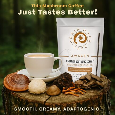 Brain Hack Café Organic Mushroom Coffee – Instant Coffee with 6 Functional Mushrooms & Nootropics | Lion’s Mane, Reishi, Chaga | Focus & Immune Support | Blend for Focus & Energy (Regular Caffeine) in Saudi Arabia