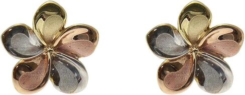 14K solid tricolor gold Hawaiian 11mm plumeria flower stud earrings in Saudi Arabia