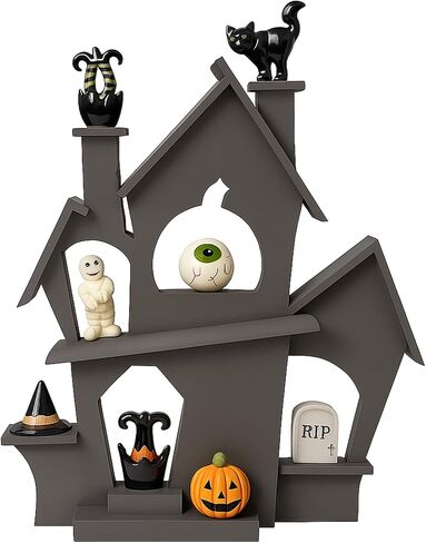 Jetec Halloween منزل مسكون خشبي ديكور داخلي عرض Minis للتماثيل المنمنمة، 15 × 16 بوصة منزل مسكون تخزين حامل حالة خشبية لمقتنيات Minis Halloween Tabletop الديكور in Saudi Arabia