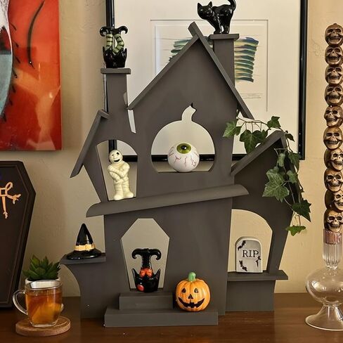 Jetec Halloween منزل مسكون خشبي ديكور داخلي عرض Minis للتماثيل المنمنمة، 15 × 16 بوصة منزل مسكون تخزين حامل حالة خشبية لمقتنيات Minis Halloween Tabletop الديكور in Saudi Arabia