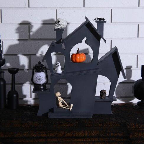 Jetec Halloween منزل مسكون خشبي ديكور داخلي عرض Minis للتماثيل المنمنمة، 15 × 16 بوصة منزل مسكون تخزين حامل حالة خشبية لمقتنيات Minis Halloween Tabletop الديكور in Saudi Arabia