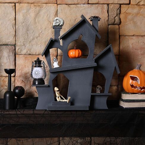 Jetec Halloween منزل مسكون خشبي ديكور داخلي عرض Minis للتماثيل المنمنمة، 15 × 16 بوصة منزل مسكون تخزين حامل حالة خشبية لمقتنيات Minis Halloween Tabletop الديكور in Saudi Arabia