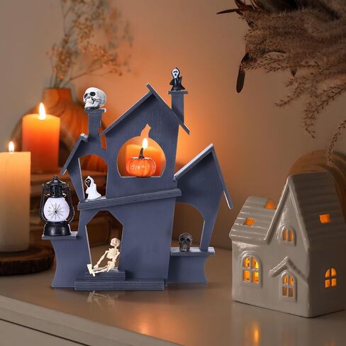 Jetec Halloween منزل مسكون خشبي ديكور داخلي عرض Minis للتماثيل المنمنمة، 15 × 16 بوصة منزل مسكون تخزين حامل حالة خشبية لمقتنيات Minis Halloween Tabletop الديكور in Saudi Arabia