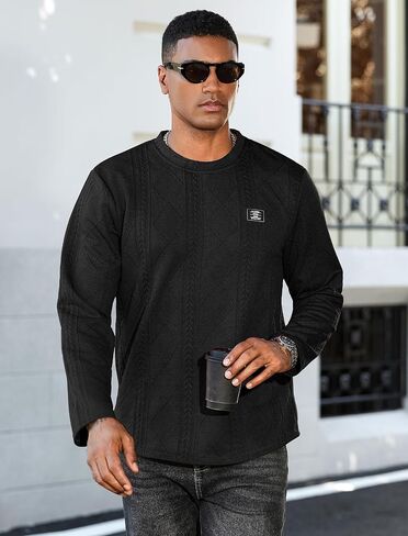 ZAFUL الرجال محكم Crewneck بلوزات كابل هندسية الجاكار كم طويل تي شيرت بلوفر مغزول in Saudi Arabia