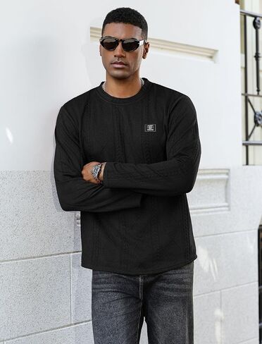 ZAFUL الرجال محكم Crewneck بلوزات كابل هندسية الجاكار كم طويل تي شيرت بلوفر مغزول in Saudi Arabia