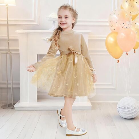 Girls Dress Velvet Long Sleeve Tutu Dress Kids Sparkly Sequin Tulle Holiday Party Casual Princess Dresses 3-8Y in Kuwait