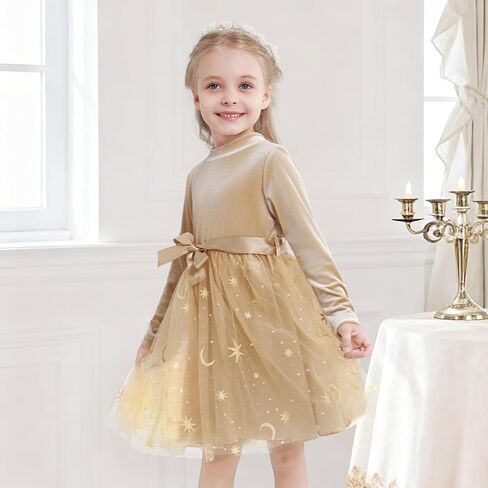 Girls Dress Velvet Long Sleeve Tutu Dress Kids Sparkly Sequin Tulle Holiday Party Casual Princess Dresses 3-8Y in Kuwait