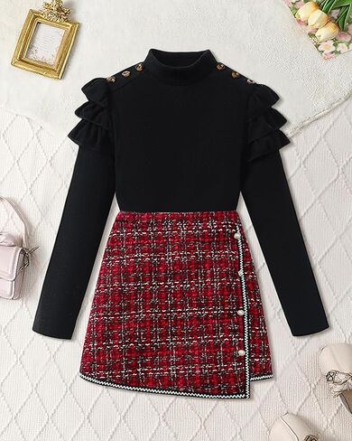 Girl Fall Clothes Sets: 2 Piece Fall Winter Outfit Long Sleeve Ruffle Top Mini Plaid Skirt for Tween Girl 8-12 Years in Kuwait