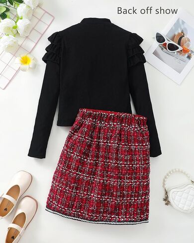 Girl Fall Clothes Sets: 2 Piece Fall Winter Outfit Long Sleeve Ruffle Top Mini Plaid Skirt for Tween Girl 8-12 Years in Kuwait