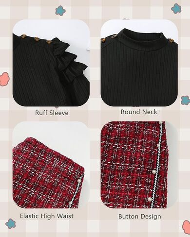 Girl Fall Clothes Sets: 2 Piece Fall Winter Outfit Long Sleeve Ruffle Top Mini Plaid Skirt for Tween Girl 8-12 Years in Kuwait