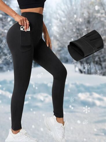 Fleece Lined Leggings with Pockets for Women, Buttery Soft High Waisted Thermal Warm Hiking Running Pants in Saudi Arabia