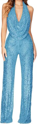 GORIFE Lady's Shiny Cowl Neck Overalls Lightweight Wide Leg Romper Overalls Sexy Metallic Strapless Sequin Pants in Kuwait