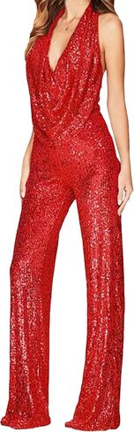 GORIFE Lady's Shiny Cowl Neck Overalls Lightweight Wide Leg Romper Overalls Sexy Metallic Strapless Sequin Pants in Kuwait