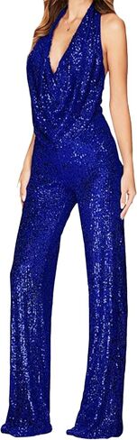 GORIFE Lady's Shiny Cowl Neck Overalls Lightweight Wide Leg Romper Overalls Sexy Metallic Strapless Sequin Pants in Kuwait