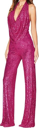 GORIFE Lady's Shiny Cowl Neck Overalls Lightweight Wide Leg Romper Overalls Sexy Metallic Strapless Sequin Pants in Kuwait