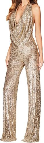 GORIFE Lady's Shiny Cowl Neck Overalls Lightweight Wide Leg Romper Overalls Sexy Metallic Strapless Sequin Pants in Kuwait
