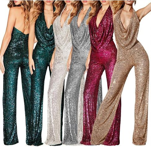 GORIFE Lady's Shiny Cowl Neck Overalls Lightweight Wide Leg Romper Overalls Sexy Metallic Strapless Sequin Pants in Kuwait