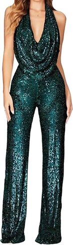 GORIFE Lady's Shiny Cowl Neck Overalls Lightweight Wide Leg Romper Overalls Sexy Metallic Strapless Sequin Pants in Kuwait