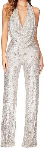 GORIFE Lady's Shiny Cowl Neck Overalls Lightweight Wide Leg Romper Overalls Sexy Metallic Strapless Sequin Pants in Kuwait