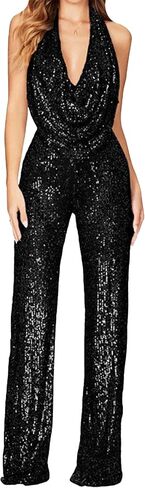 GORIFE Lady's Shiny Cowl Neck Overalls Lightweight Wide Leg Romper Overalls Sexy Metallic Strapless Sequin Pants in Kuwait