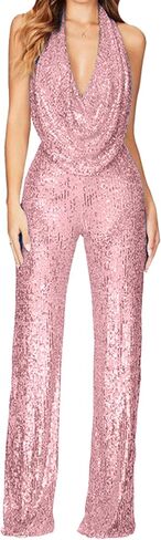 GORIFE Lady's Shiny Cowl Neck Overalls Lightweight Wide Leg Romper Overalls Sexy Metallic Strapless Sequin Pants in Kuwait