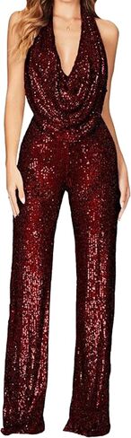 GORIFE Lady's Shiny Cowl Neck Overalls Lightweight Wide Leg Romper Overalls Sexy Metallic Strapless Sequin Pants in Kuwait