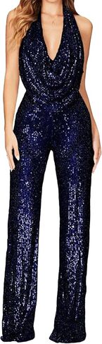 GORIFE Lady's Shiny Cowl Neck Overalls Lightweight Wide Leg Romper Overalls Sexy Metallic Strapless Sequin Pants in Kuwait