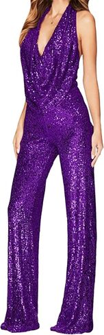 GORIFE Lady's Shiny Cowl Neck Overalls Lightweight Wide Leg Romper Overalls Sexy Metallic Strapless Sequin Pants in Kuwait