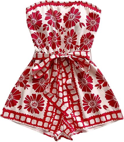 بذلة نسائية من Floerns Boho Floral بدون حمالات بدون أكمام للإجازات وحزام قصير in Saudi Arabia