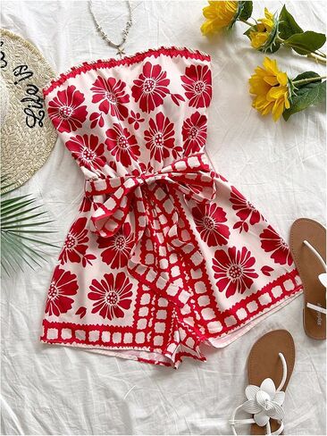 بذلة نسائية من Floerns Boho Floral بدون حمالات بدون أكمام للإجازات وحزام قصير in Saudi Arabia