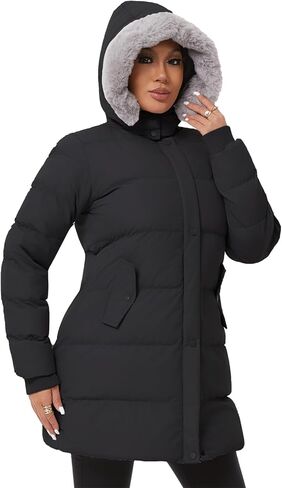 معطف شتوي منتفخ سميك للسيدات من KVE سترة ثلجية دافئة مع غطاء رأس قابل للإزالة من الفرو الصناعي in Kuwait