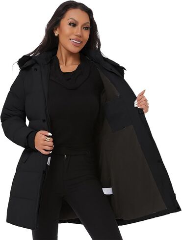 معطف شتوي منتفخ سميك للسيدات من KVE سترة ثلجية دافئة مع غطاء رأس قابل للإزالة من الفرو الصناعي in Kuwait