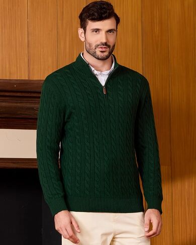 Kallspin Men's Quarter Zip Sweater Pullover Pure Cotton Cable Knit Long Sleeve Business Casual Knitwear in Kuwait