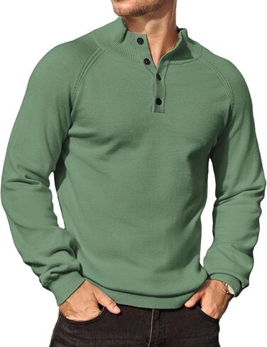 Mens Stand Collar Pullover Sweater Casual Button Closure Raglan Sleeve Ribbed Stitching Knit Textured Sweater in Saudi Arabia