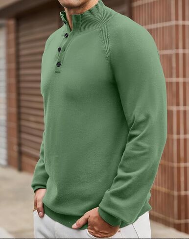 Mens Stand Collar Pullover Sweater Casual Button Closure Raglan Sleeve Ribbed Stitching Knit Textured Sweater in Saudi Arabia