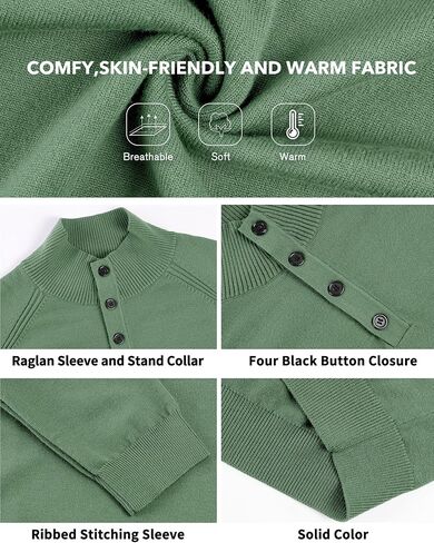 Mens Stand Collar Pullover Sweater Casual Button Closure Raglan Sleeve Ribbed Stitching Knit Textured Sweater in Saudi Arabia