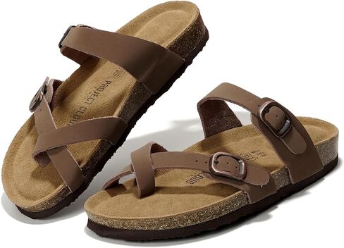 100% Genuine Leather Womens Sandals - Cork Footbed Slides For Women - Comfortable Sandals Women with Memory Foam Beach Essential Summer Sandals For Women 2024 (Lian, TAN, 5.5) in Saudi Arabia