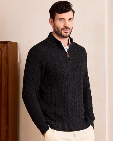 Kallspin Men's Quarter Zip Sweater Pullover Pure Cotton Cable Knit Long Sleeve Business Casual Knitwear in Saudi Arabia