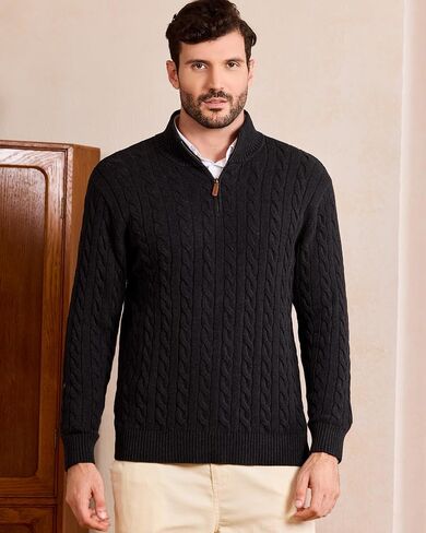 Kallspin Men's Quarter Zip Sweater Pullover Pure Cotton Cable Knit Long Sleeve Business Casual Knitwear in Saudi Arabia