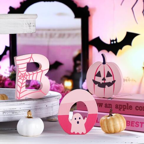 Amyhill 3 Pcs Pink Halloween Table Decor Indoor Cute Ghosts Decorations Wood Plank Signs Halloween Tiered Tray Pink Wooden Ghosts Decor for Home Kitchen Office Party Gifts(Black Cat) in Saudi Arabia